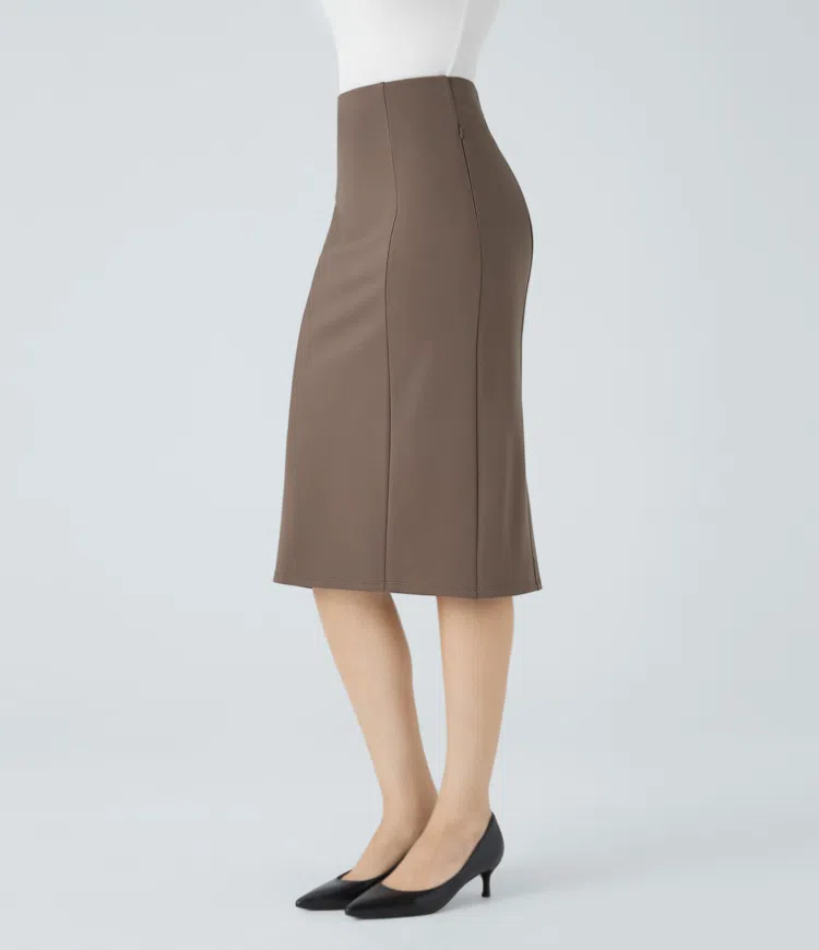 High Waisted Side Zipper Pocket Hem Midi Work Pencil Skirt