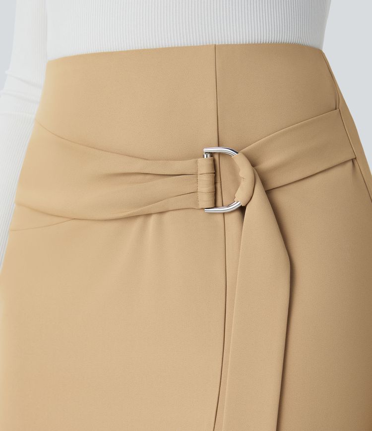 High Waisted Belted Pocket Midi Work Pencil Skirt