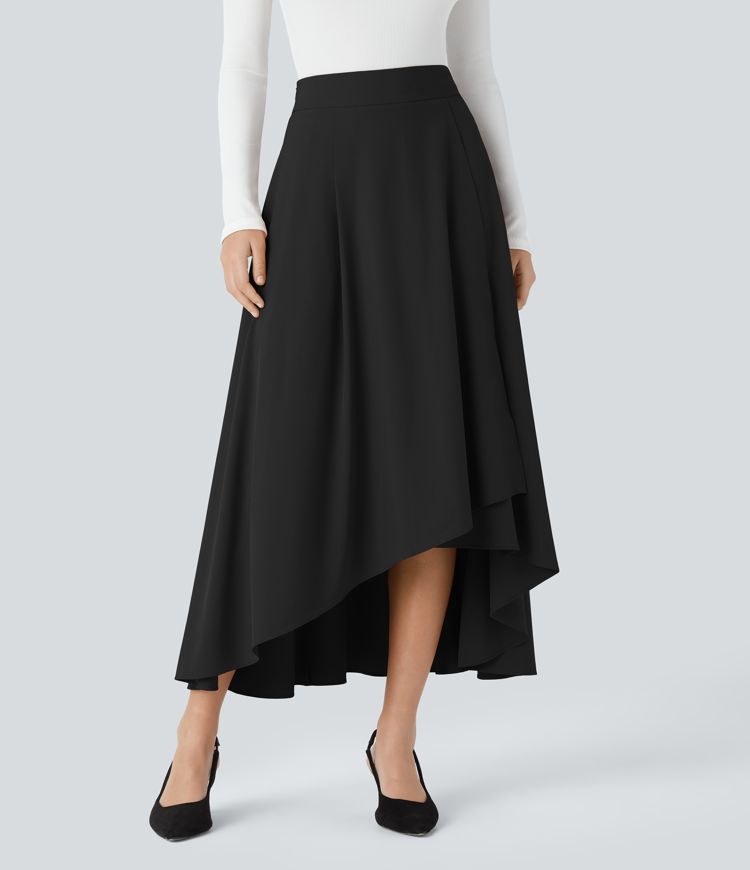 Falda Breezeful™ oficina midi secado rápido dobladillo acampanado asimétrico cremallera invisible tiro alto