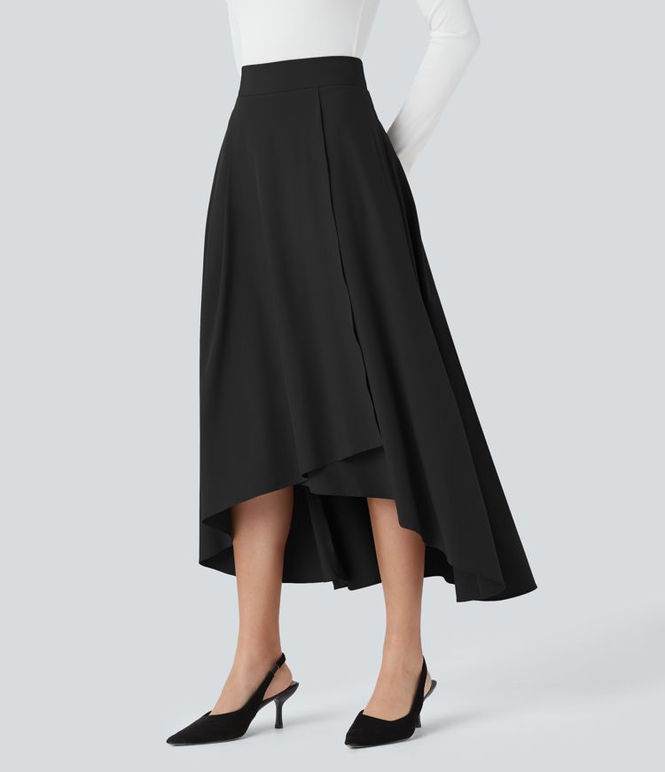 Falda Breezeful™ oficina midi secado rápido dobladillo acampanado asimétrico cremallera invisible tiro alto