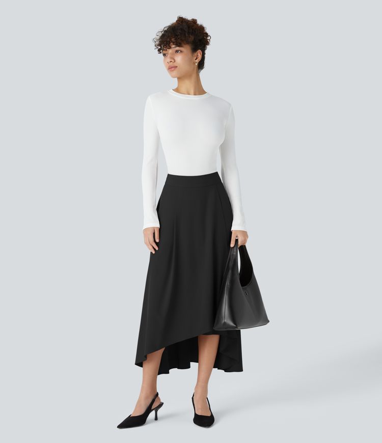 Falda Breezeful™ oficina midi secado rápido dobladillo acampanado asimétrico cremallera invisible tiro alto