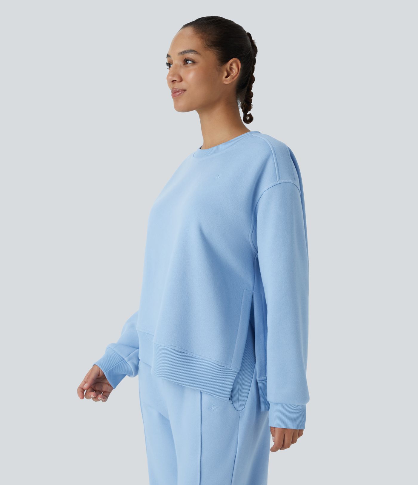 Round Neck Dropped Shoulder Long Sleeve Hem Contrast Ribbed Embroidery Oversize Fleece Casual Sweatshirt