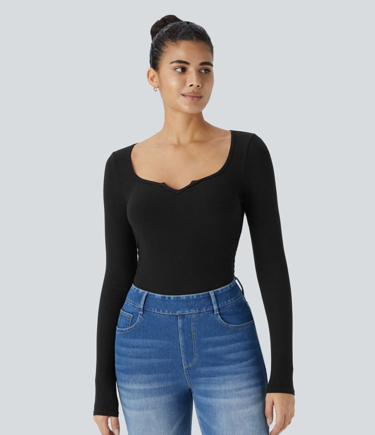 Ribbed Knit Long Sleeve Ruched Curved Hem Skinny Casual Top
