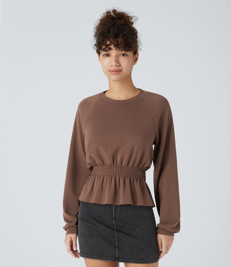 Round Neck Raglan Long Sleeve Shirred Ruffle Hem Casual Sweatshirt