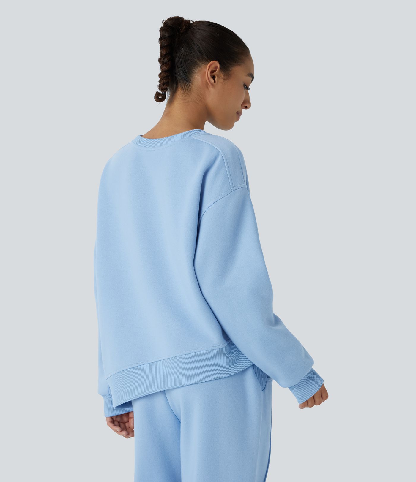 Round Neck Dropped Shoulder Long Sleeve Hem Contrast Ribbed Embroidery Oversize Fleece Casual Sweatshirt