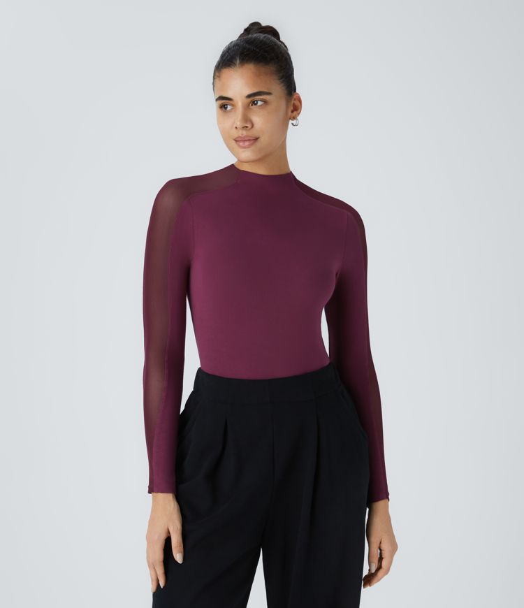 Enges Arbeitstop mit Stehkragen, Raglanärmeln und Kontrast-Netz