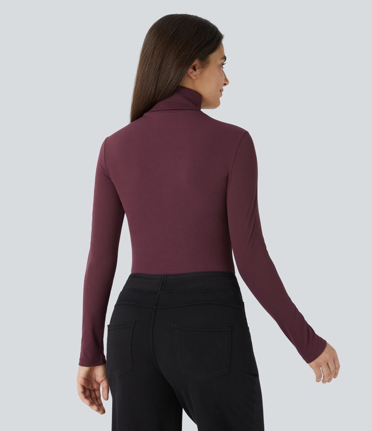 High-neck long-sleeve curved hem slim waffle casual top