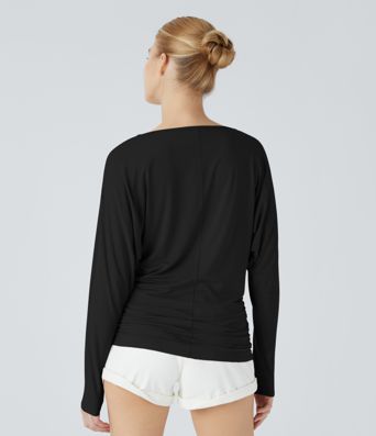 Boat Neck Long Sleeve Ruched Casual Top