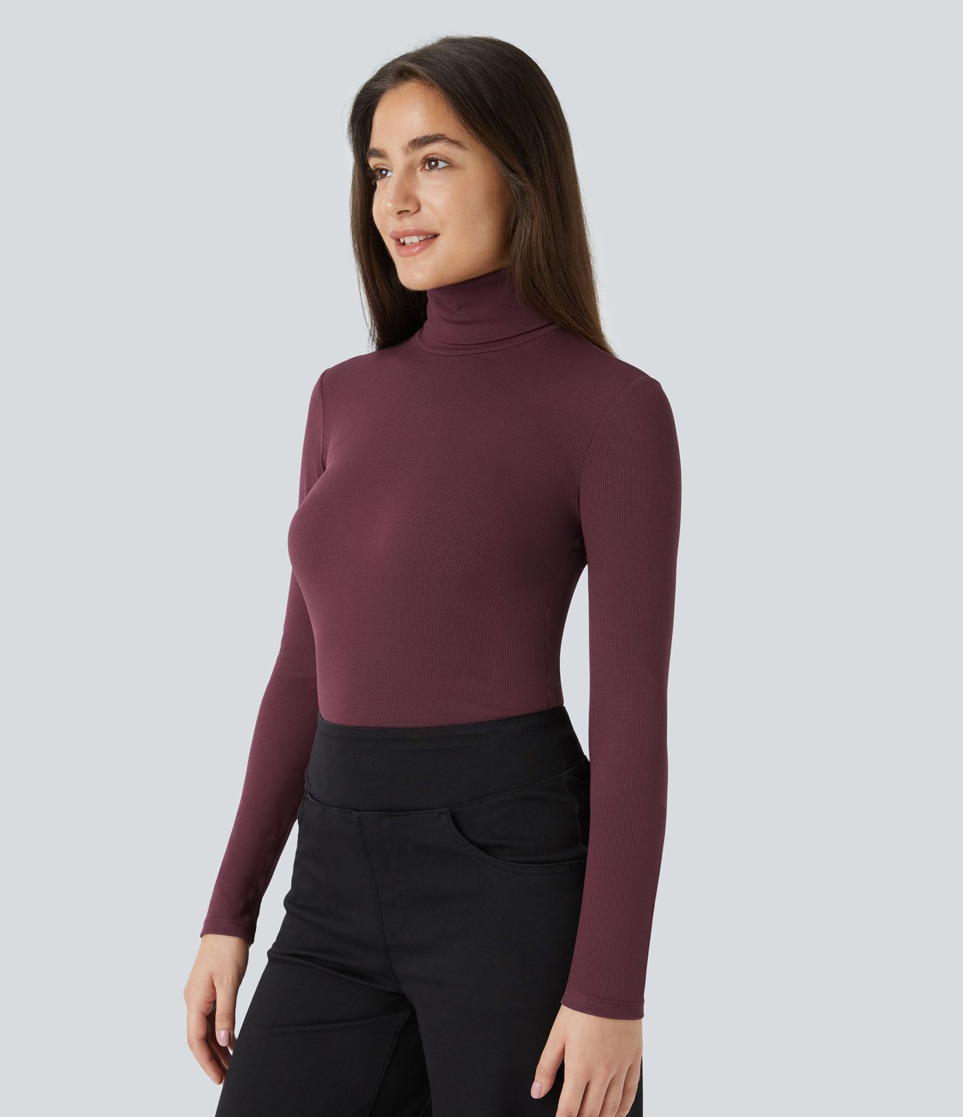 High-neck long-sleeve curved hem slim waffle casual top