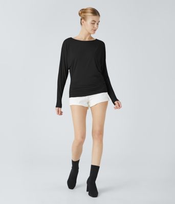 Boat Neck Long Sleeve Ruched Casual Top