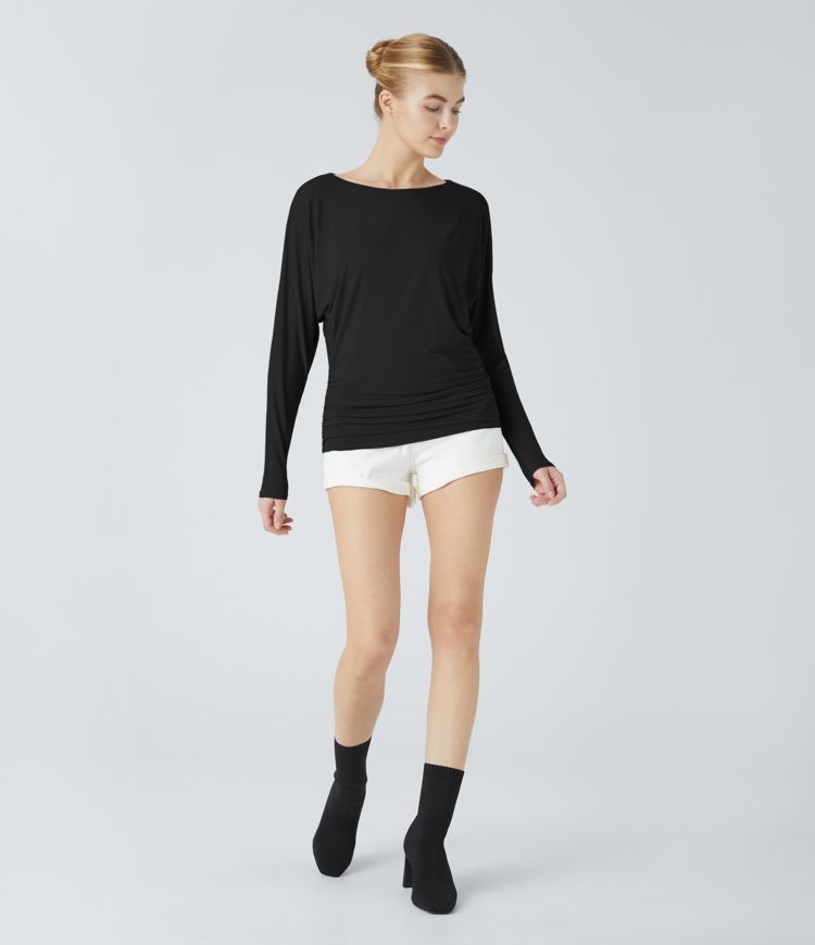 Boat Neck Long Sleeve Ruched Casual Top
