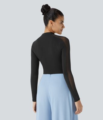 Col montant, manches raglan longues, maille contrastante, chemise de travail cintrée