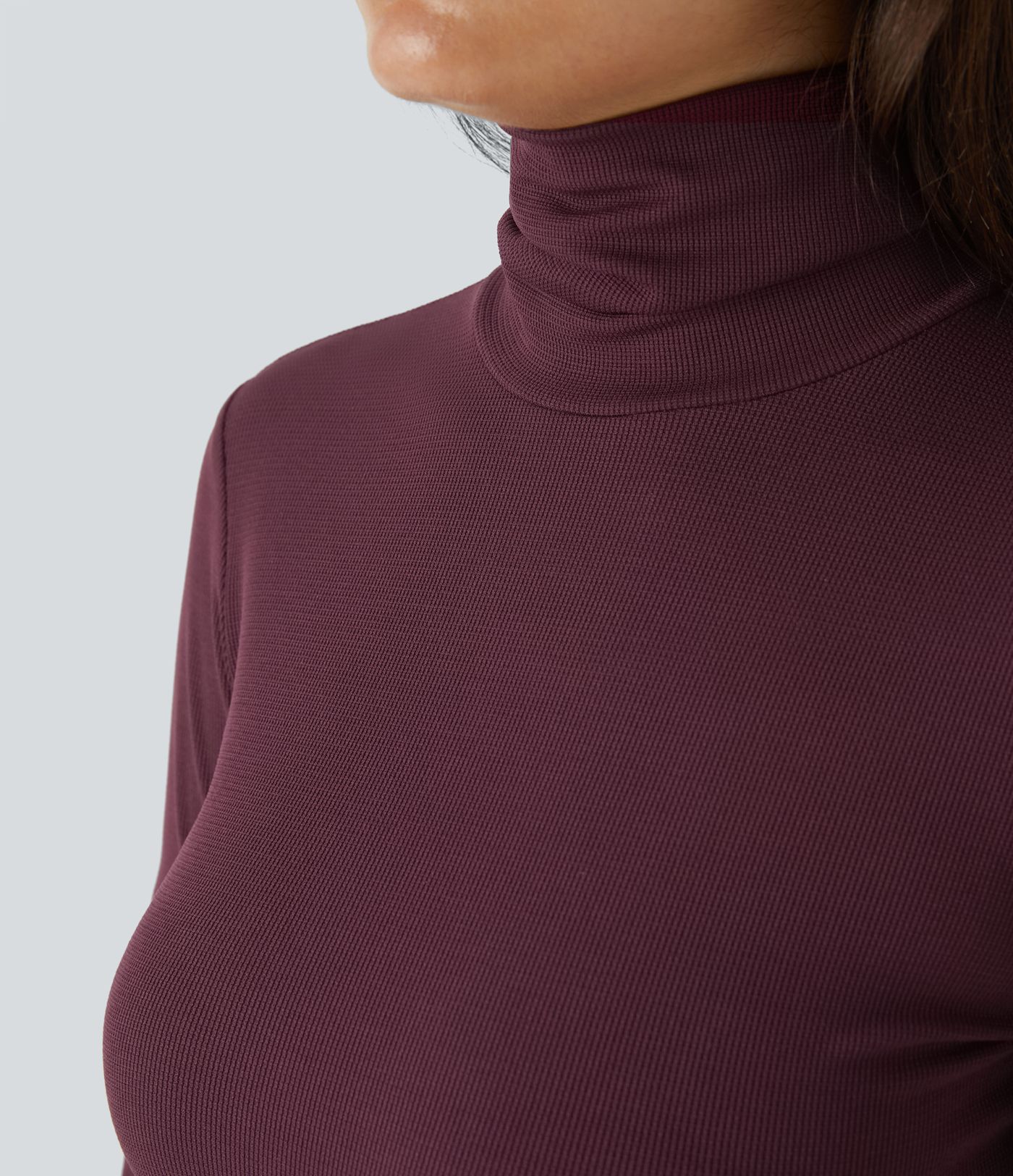 High-neck long-sleeve curved hem slim waffle casual top