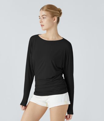 Boat Neck Long Sleeve Ruched Casual Top