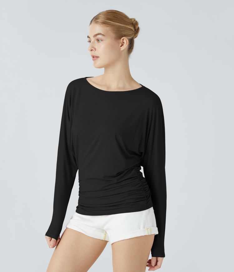 Boat Neck Long Sleeve Ruched Casual Top