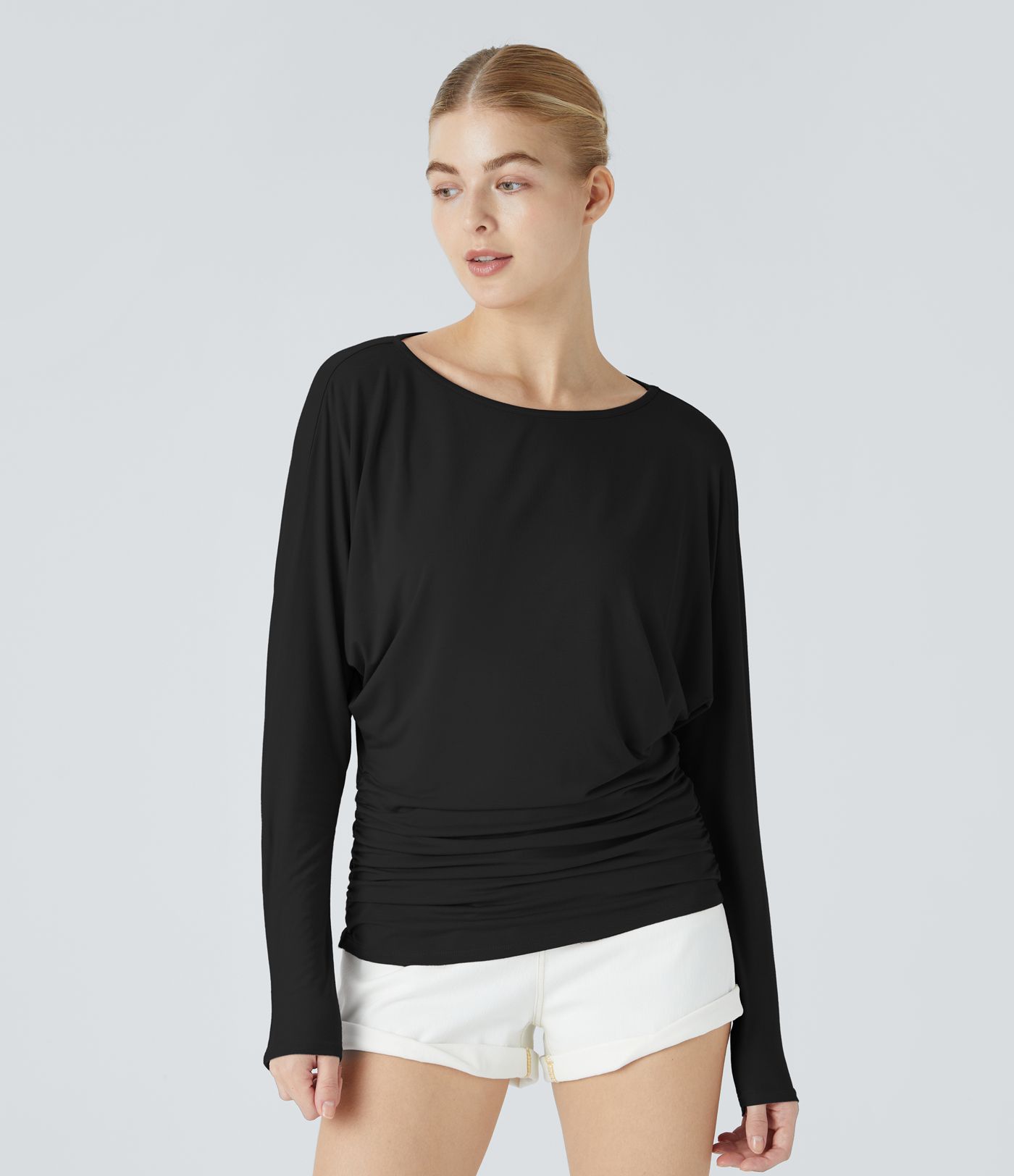 Boat Neck Long Sleeve Ruched Casual Top