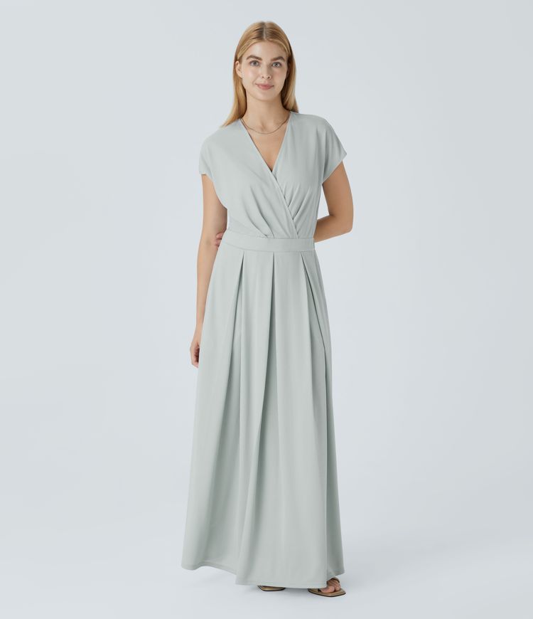 Vestido maxi cuello V manga corta bolsillo lateral plisado gofre fluido