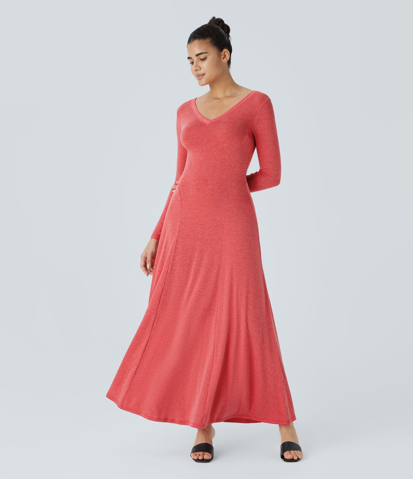 V Neck Long Sleeve Draped Maxi Casual Dress