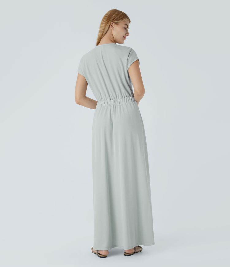 Vestido maxi cuello V manga corta bolsillo lateral plisado gofre fluido