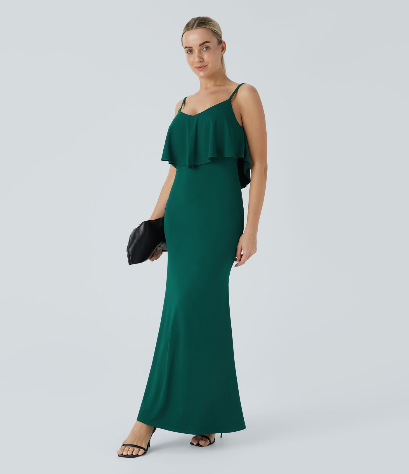 Adjustable Strap Ruffle Trim Maxi Bridesmaid and Wedding Guest Slip Dress