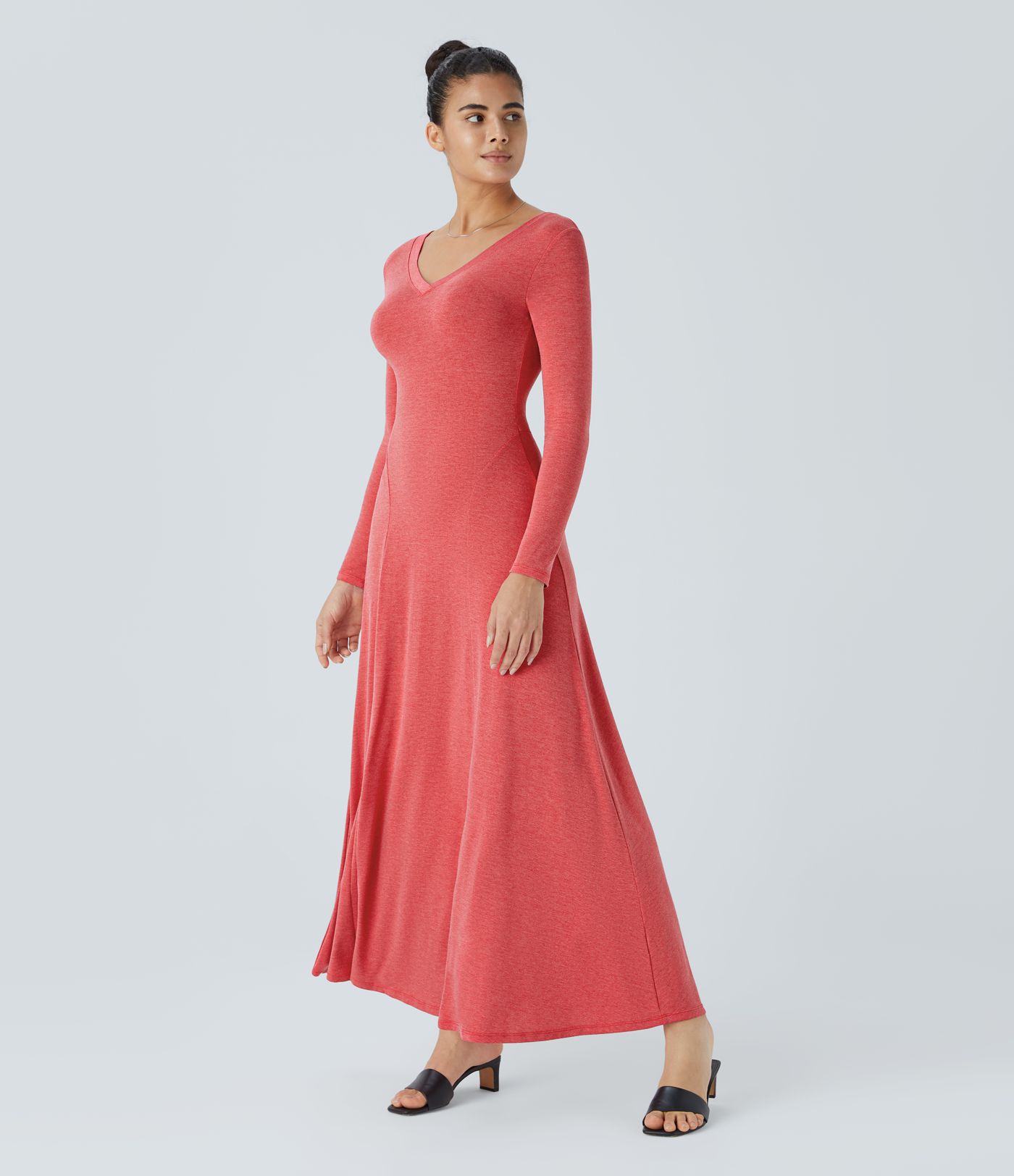 V Neck Long Sleeve Draped Maxi Casual Dress
