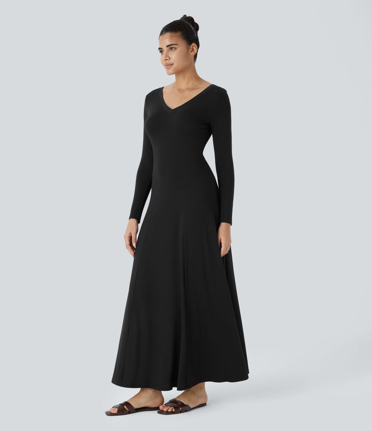 Vestido maxi drapeado manga larga cuello V