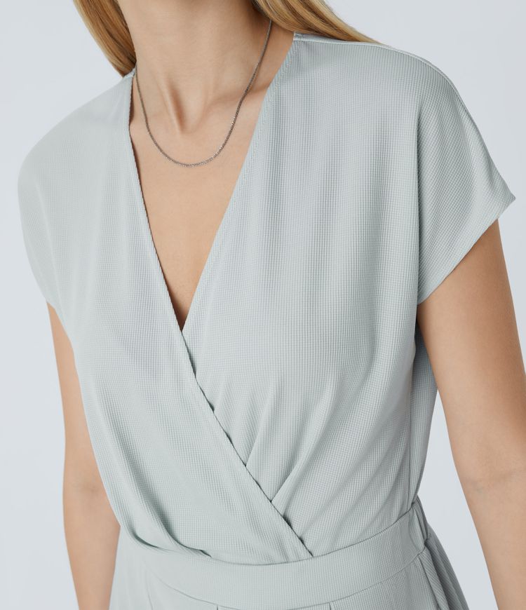 Vestido maxi cuello V manga corta bolsillo lateral plisado gofre fluido