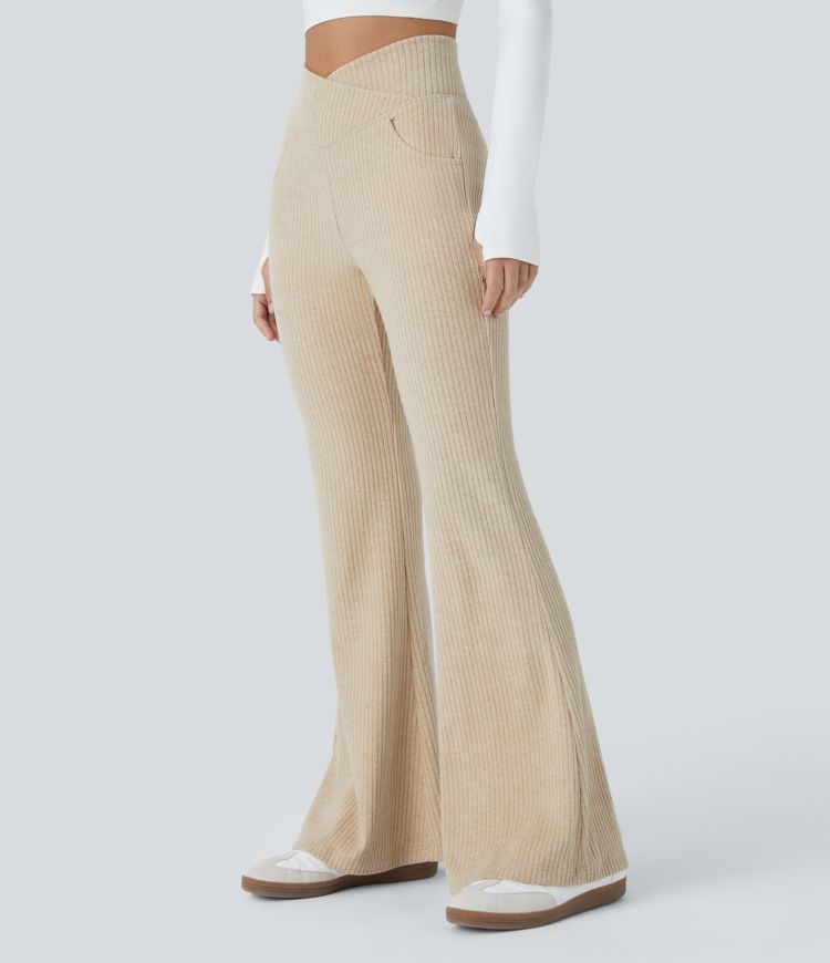 Ribbed Knit Crossover High Waisted Pocket Casual Flare Pants