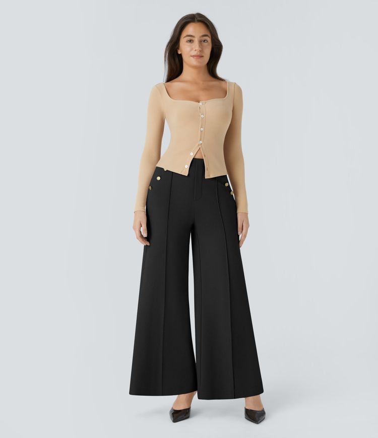 Pantalon tailleur large taille haute avec poches décoratives Halara Flex™ SculptKnit