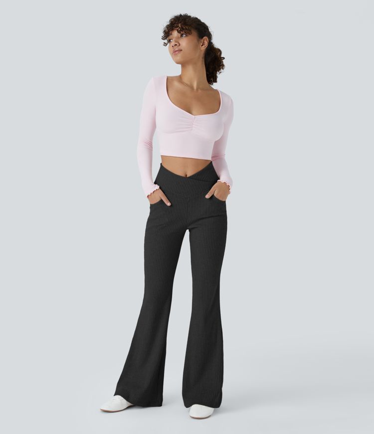 Pantalon Casual Évasés Taille Haute en Tricot Côtelé avec Poches Latérales et Croisé
