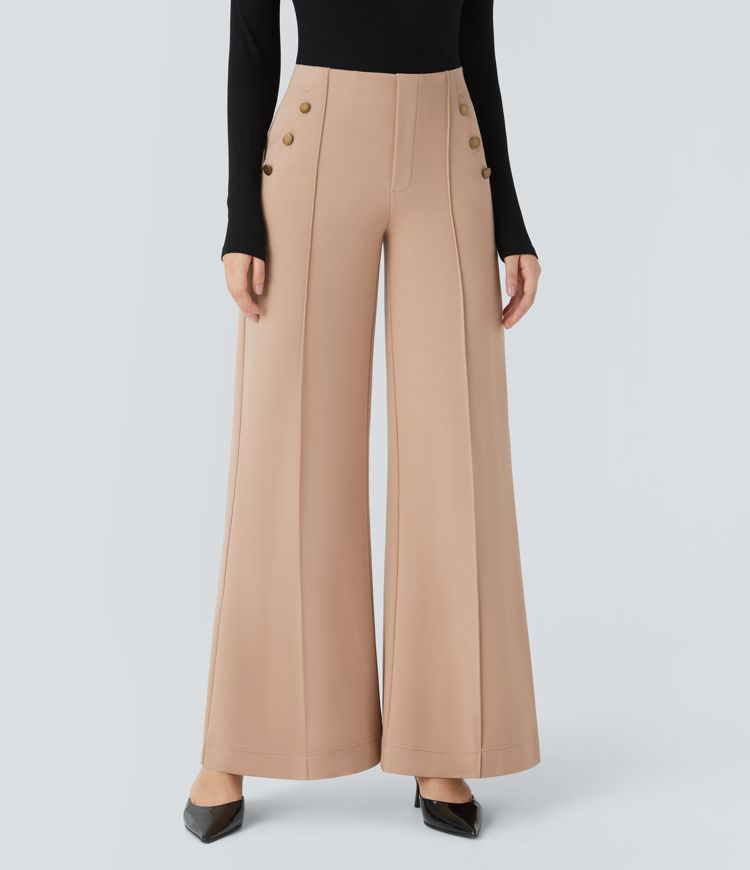 Pantalón Halara Flex™ oficina pierna ancha bolsillo lateral botón decorativo tiro alto