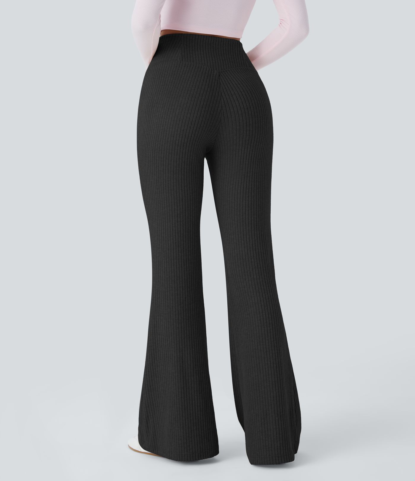 High Waist Flared Casual Pants in Ribbed Knit with Side Pockets and Cross-over