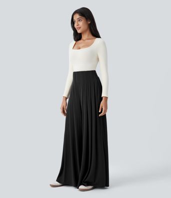 Pantalon décontracté ample à taille haute, plissé et à poches latérales