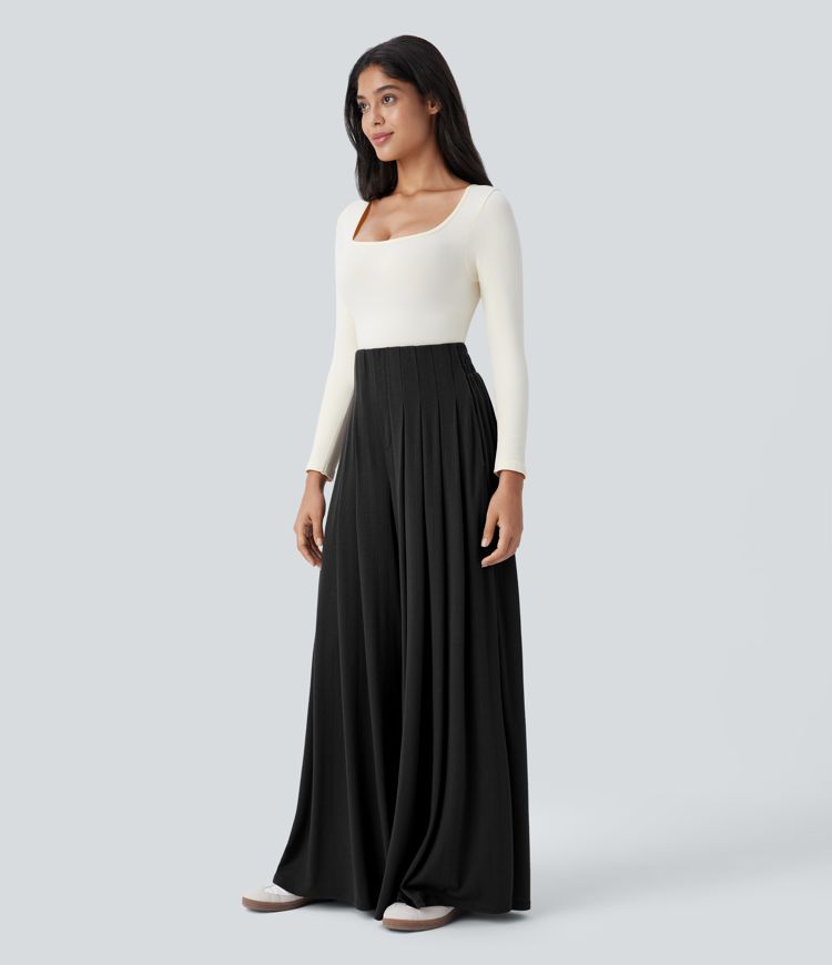 Pantalon décontracté ample à taille haute, plissé et à poches latérales
