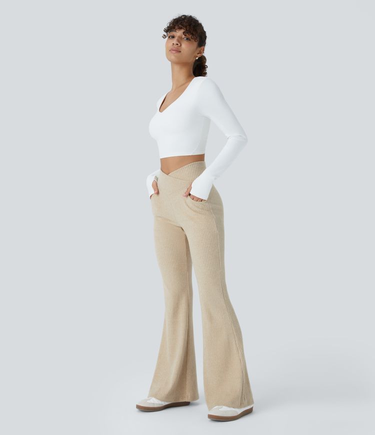 Ribbed Knit Crossover High Waisted Pocket Casual Flare Pants