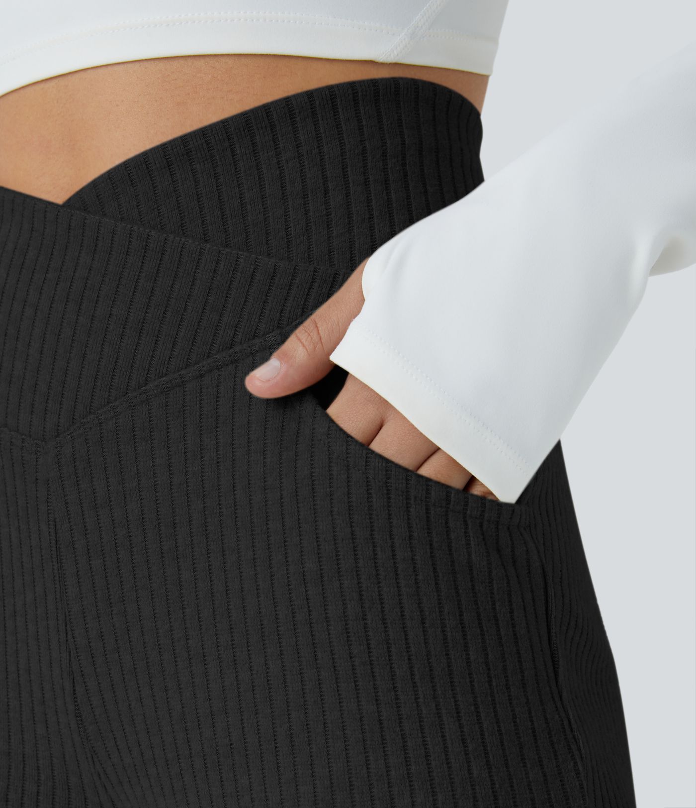 High Waist Flared Casual Pants in Ribbed Knit with Side Pockets and Cross-over