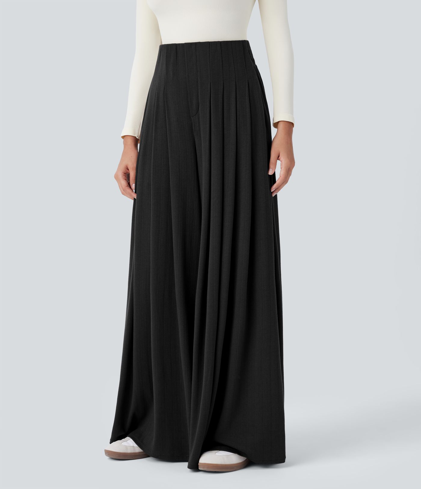 Pantalon décontracté ample à taille haute, plissé et à poches latérales