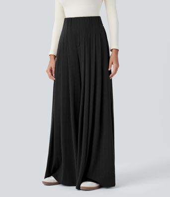 Pantalon décontracté ample à taille haute, plissé et à poches latérales