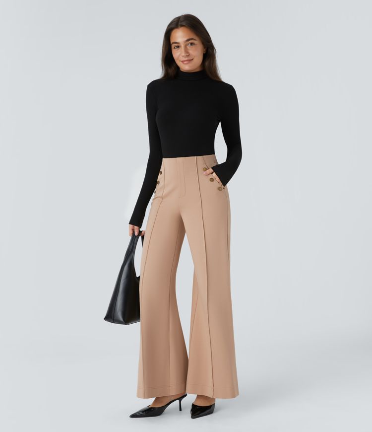 Pantalón Halara Flex™ oficina pierna ancha bolsillo lateral botón decorativo tiro alto