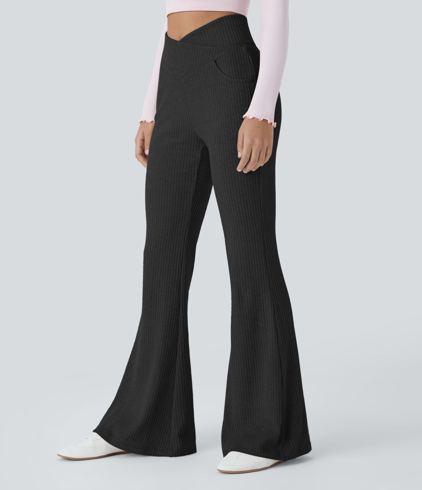 High Waist Flared Casual Pants in Ribbed Knit with Side Pockets and Cross-over