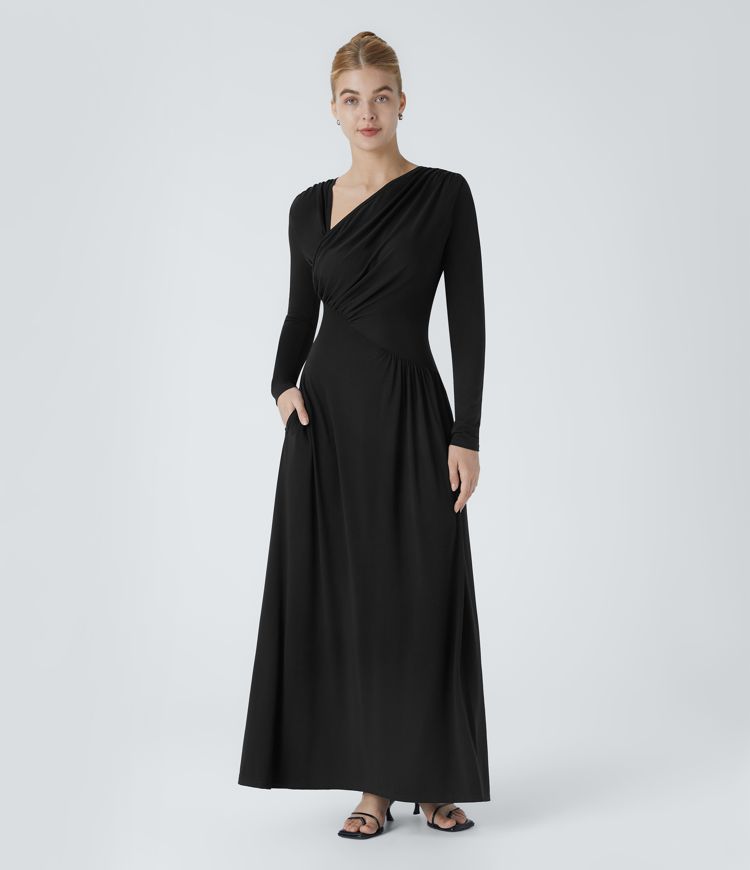 Vestido maxi fluido cuello asimétrico manga larga bolsillo lateral plisado
