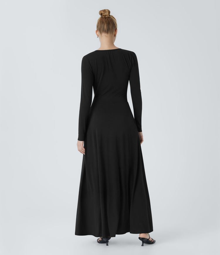 Vestido maxi fluido cuello asimétrico manga larga bolsillo lateral plisado