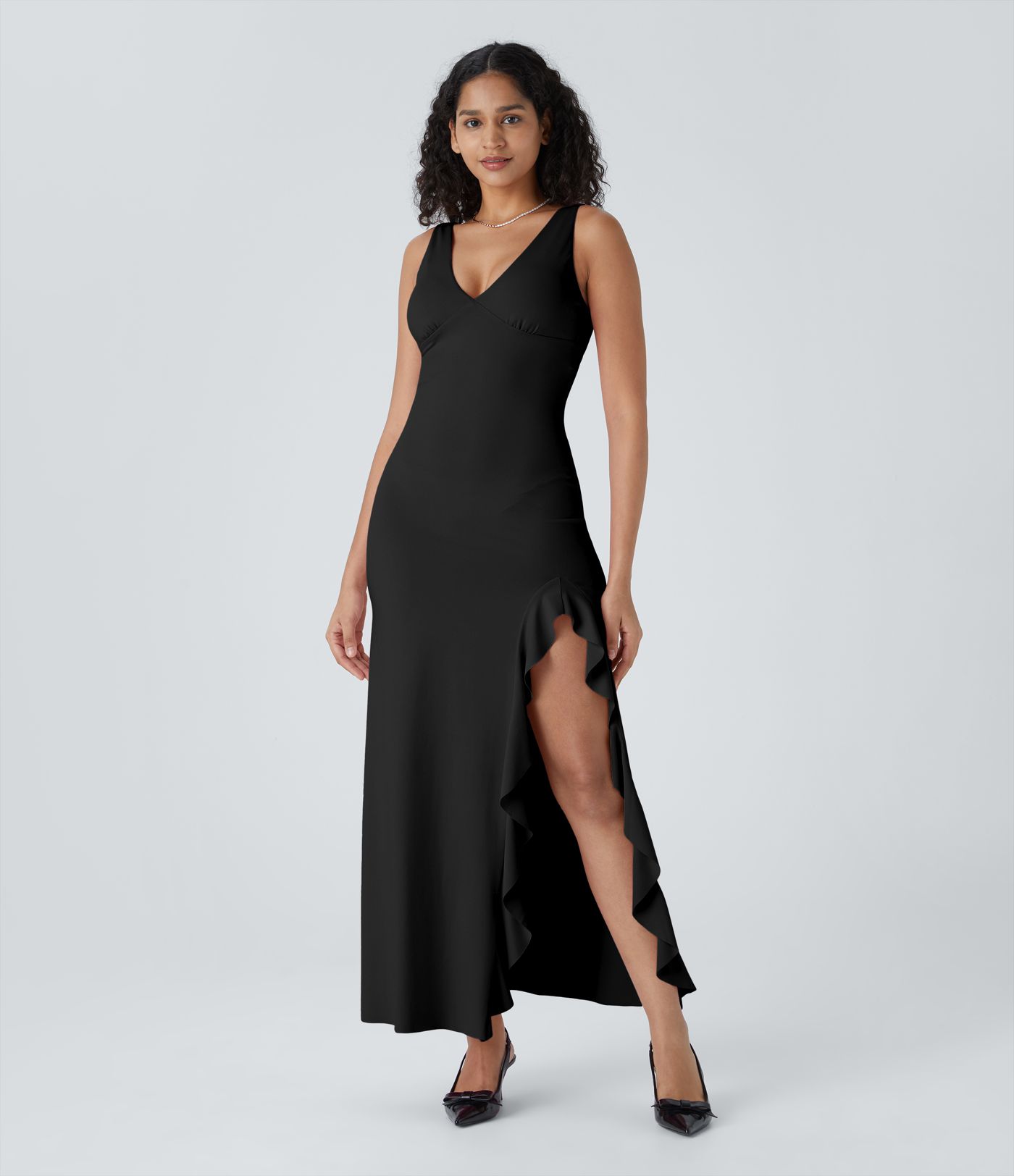 Vestido fiesta largo cuello V sin mangas asimétrico volante dobladillo dividido