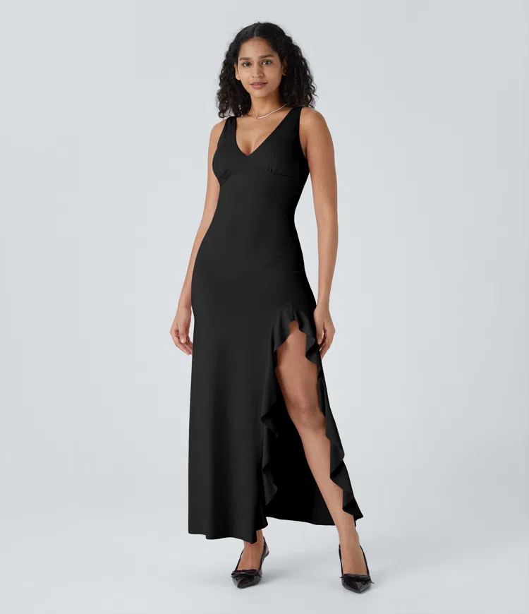V Neck Sleeveless Asymmetric Ruffle Hem Maxi Dress