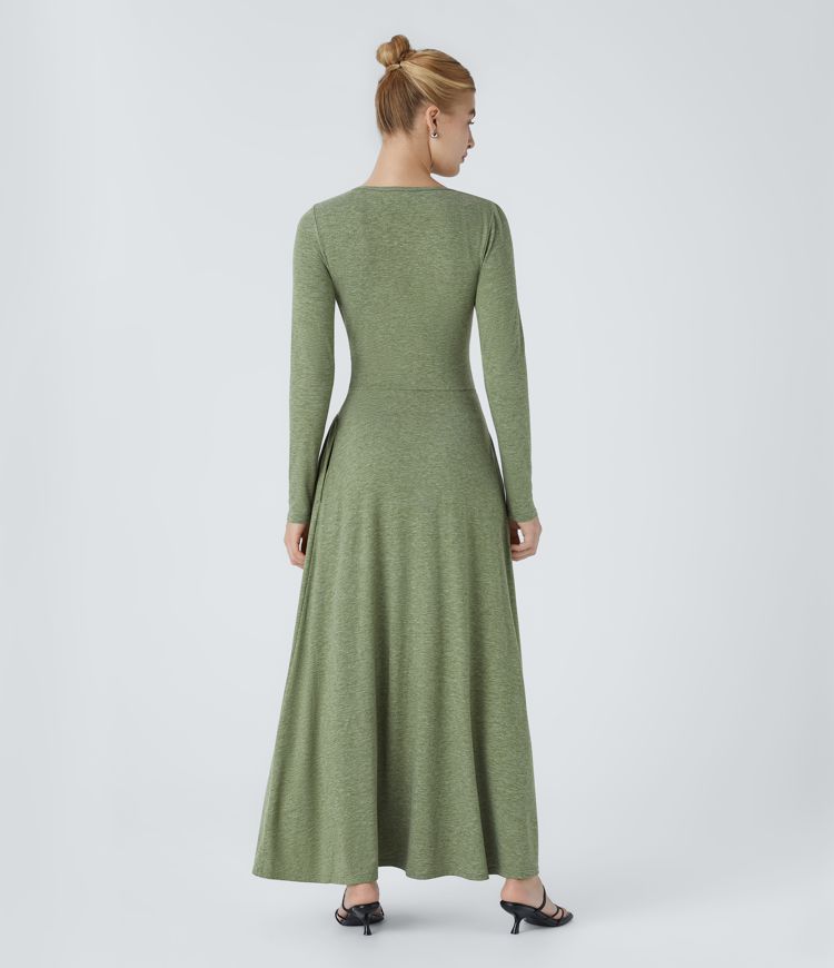 Asymmetric Neck Long Sleeve Side Pocket Flowy Maxi Casual Dress