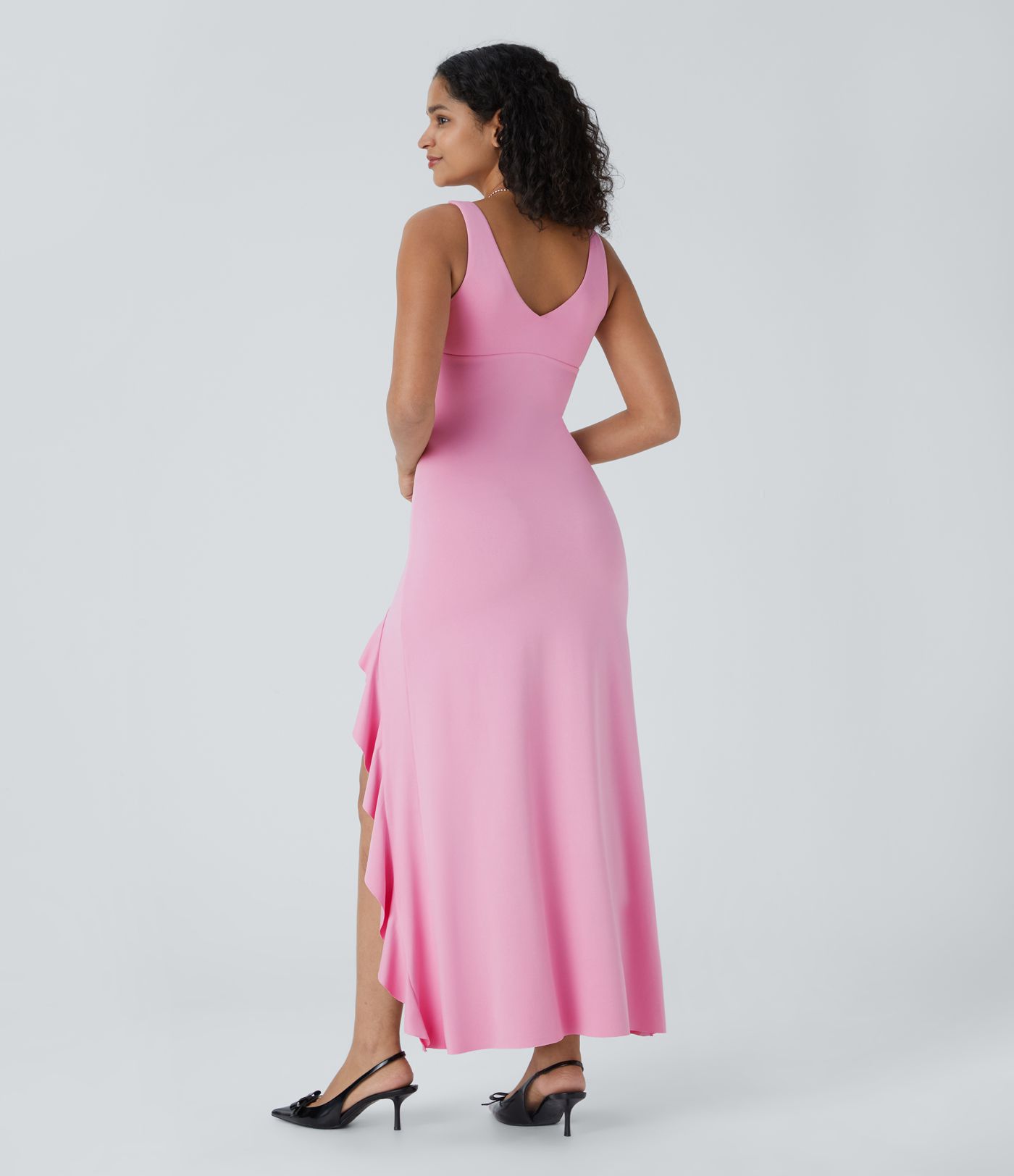 V Neck Sleeveless Asymmetric Ruffle Split Hem Maxi Party Dress