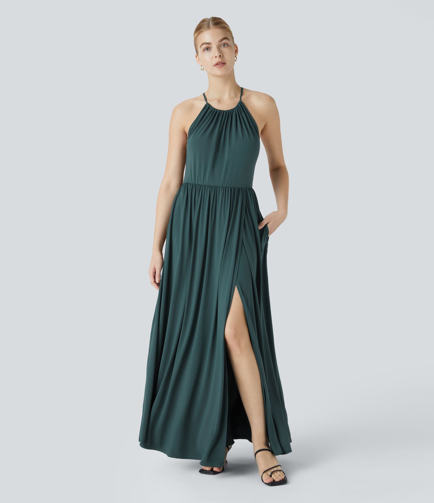 Adjustable Halter Tie Back Side Pocket Split Hem Flowy Maxi Christmas Party Dress