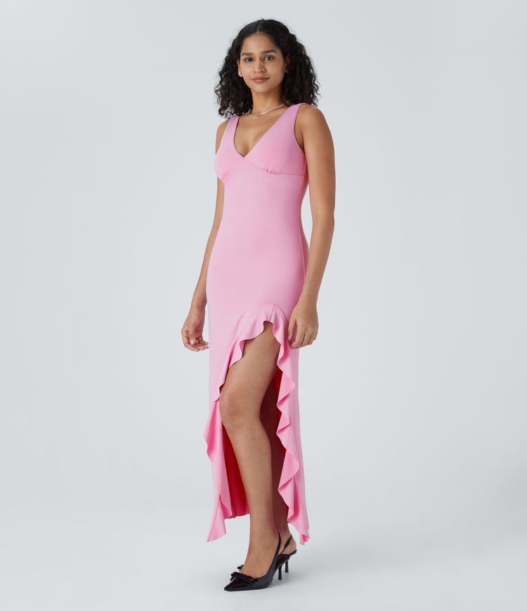 V Neck Sleeveless Asymmetric Ruffle Split Hem Maxi Party Dress