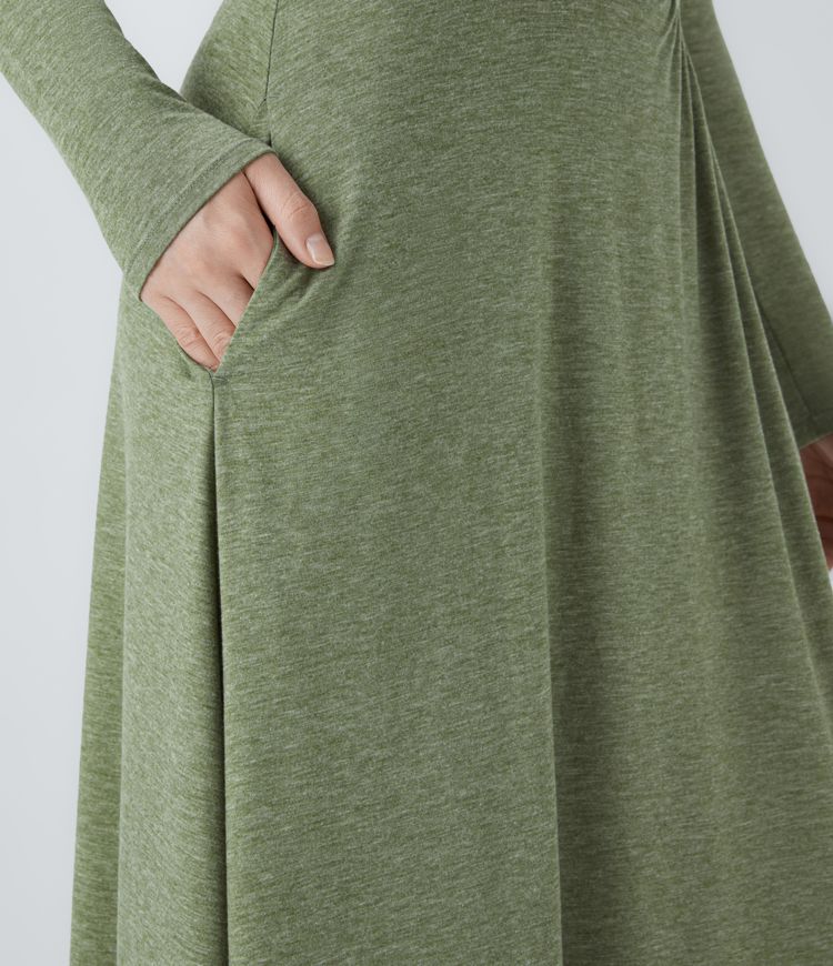 Asymmetric Neck Long Sleeve Side Pocket Flowy Maxi Casual Dress