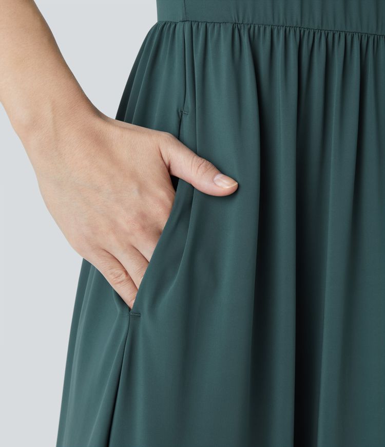 Adjustable Halter Tie Back Side Pocket Split Hem Flowy Maxi Christmas Party Dress